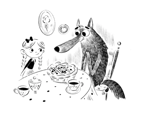 Black and white drawing of a girl and a wolf at a tea table by Julia Prokhotskaya