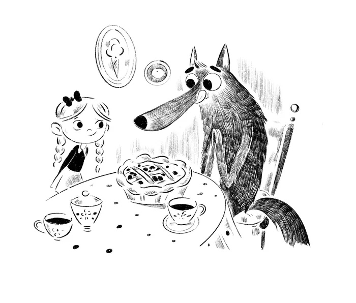 Black and white drawing of a girl and a wolf at a tea table by Julia Prokhotskaya