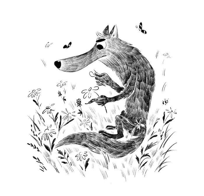 Black and white illustration of a wolf with butterflies by Julia Prokhotskaya