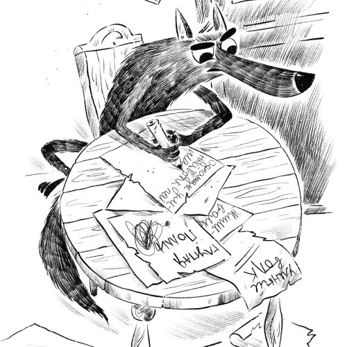 Black and white illustration of a wolf at a cluttered table by Julia Prokhotskaya