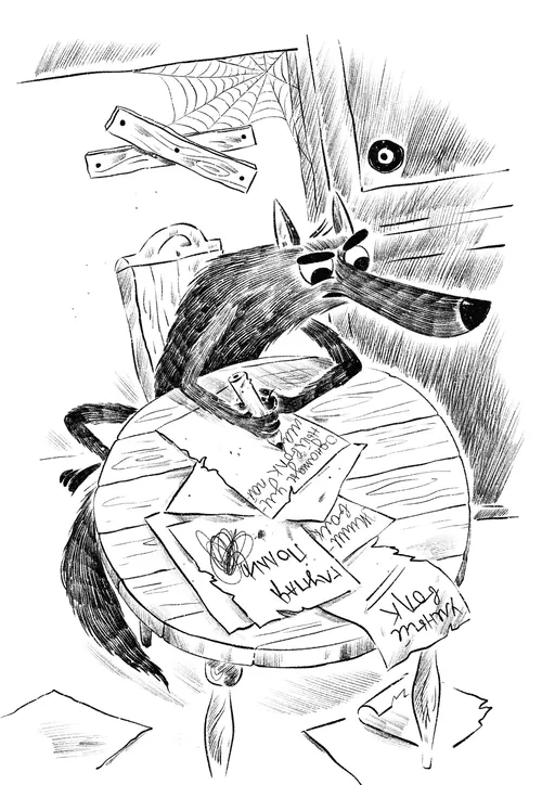 Black and white illustration of a wolf at a cluttered table by Julia Prokhotskaya