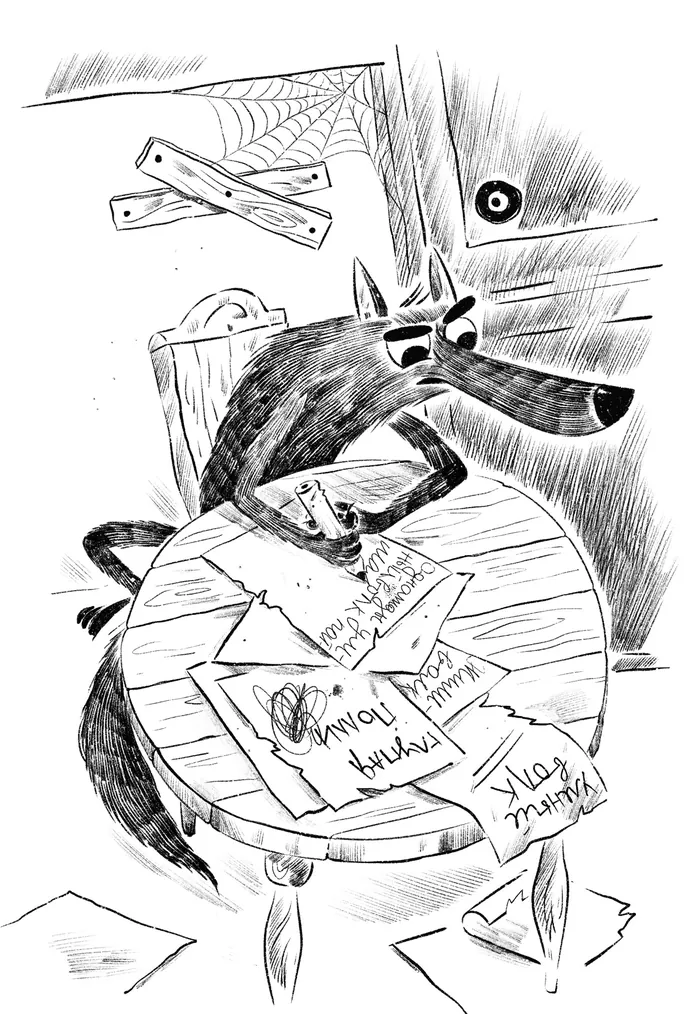 Black and white illustration of a wolf at a cluttered table by Julia Prokhotskaya