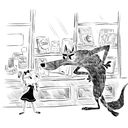 Black and white illustration of girl facing angry cartoon wolf by Julia Prokhotskaya