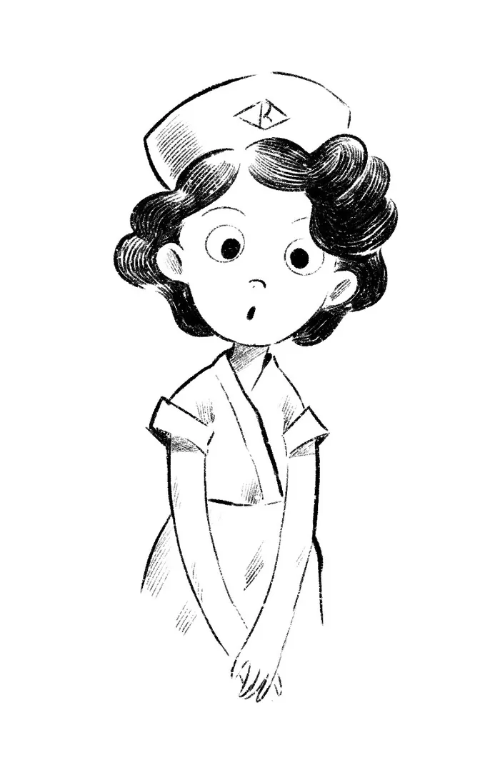 Black and white nurse illustration with surprised expression by Julia Prokhotskaya