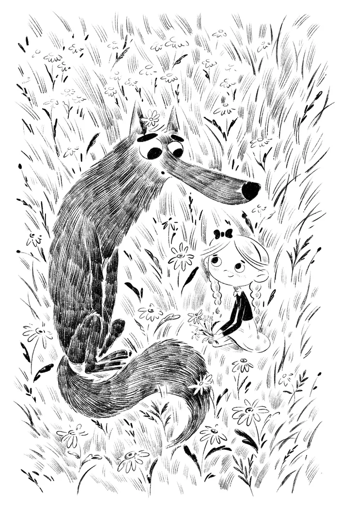 Illustration of a wolf and a girl sitting in grass with flowers