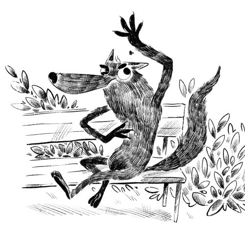 Playful cartoon wolf sitting on bench with raised hand in forest.
