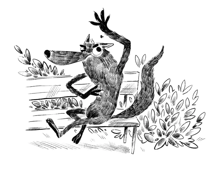 Playful cartoon wolf sitting on bench with raised hand in forest.