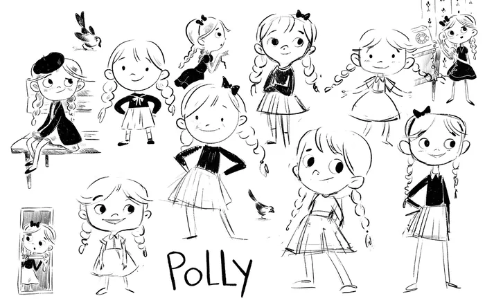 Black and white cartoon sketches of a girl named Polly in different poses