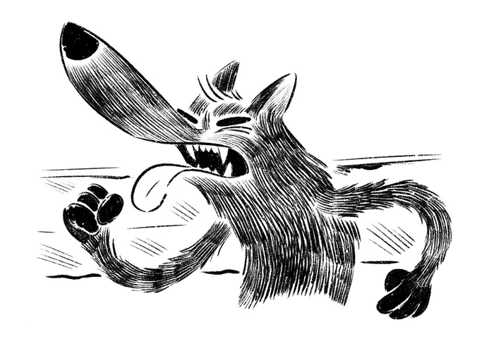 Black and white cartoon wolf running with tongue out and large nose