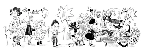 Children sharing gifts and celebrating in a festive black and white scene.
