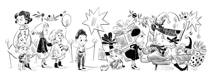 Children sharing gifts and celebrating in a festive black and white scene.