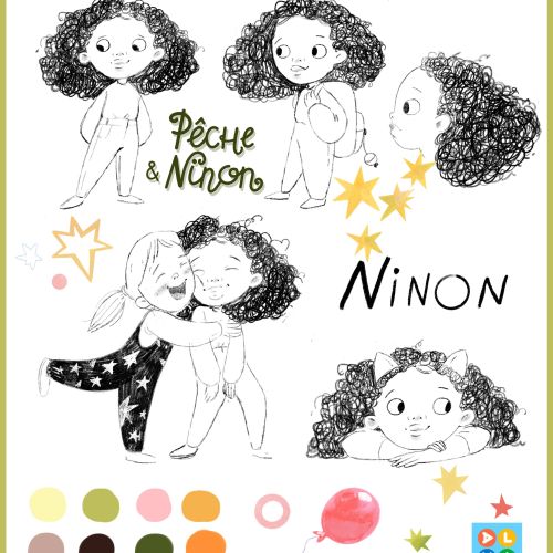 Black and white sketch illustrations of a curly-haired girl named Ninon