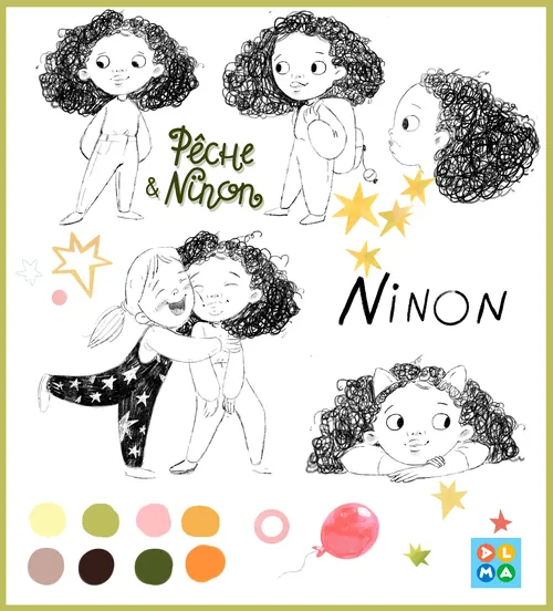 Black and white sketch illustrations of a curly-haired girl named Ninon