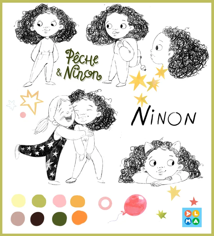Black and white sketch illustrations of a curly-haired girl named Ninon