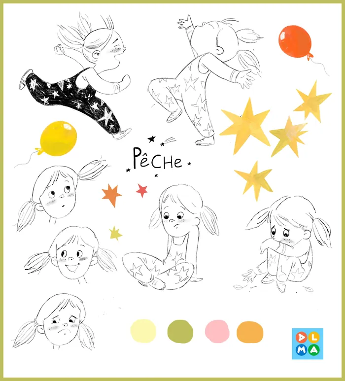 Drawings of girl with ponytails in different poses, stars, and balloons