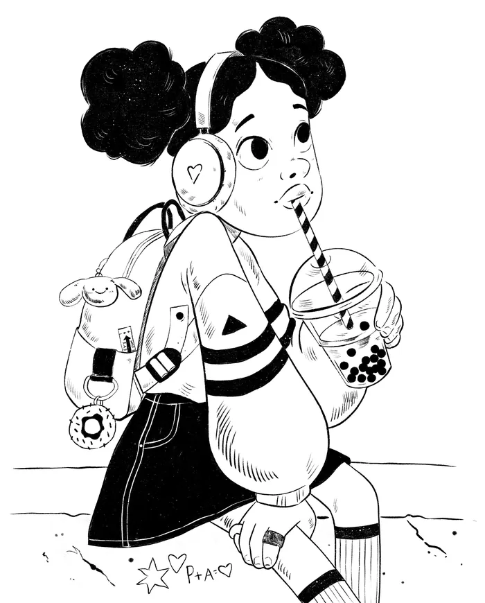 Girl with headphones sipping bubble tea through a straw