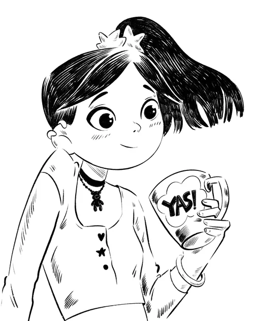 Illustration of a cheerful girl holding a cup with YAS text