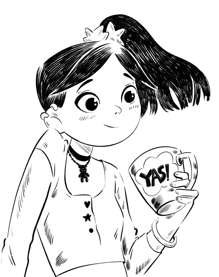 Illustration of a cheerful girl holding a cup with YAS text