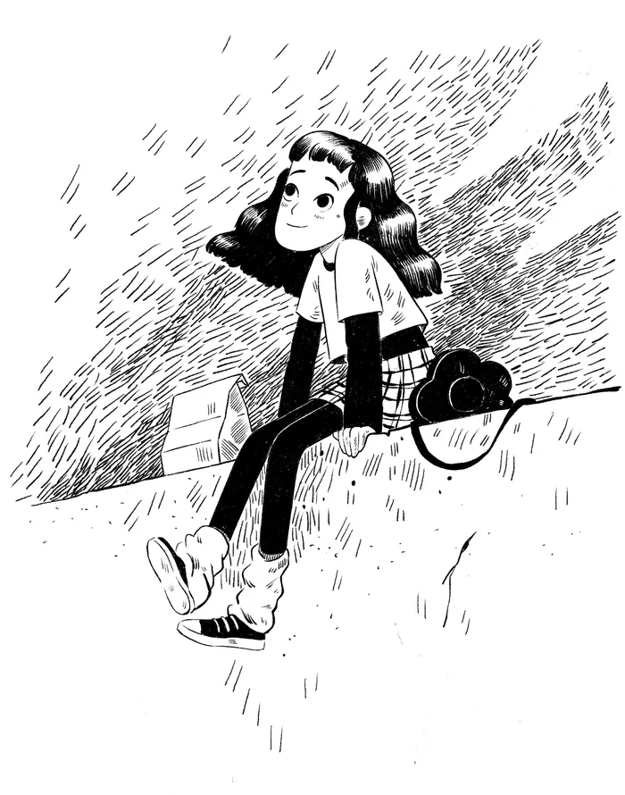 Illustration of a girl sitting on a ledge, smiling and looking up