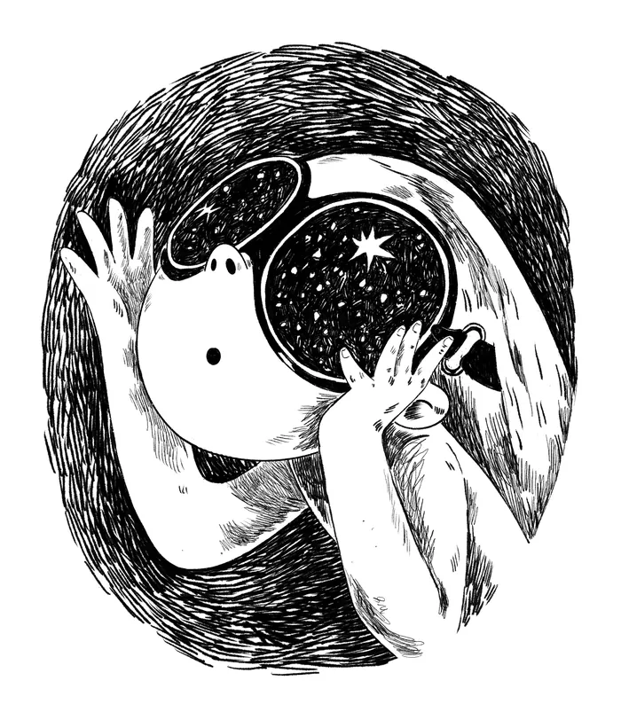 Character holding a pot with a starry universe inside
