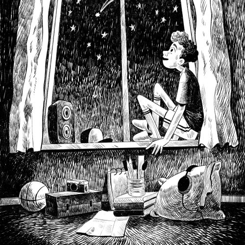 Boy sitting on window sill looking at starry night sky and crescent moon
