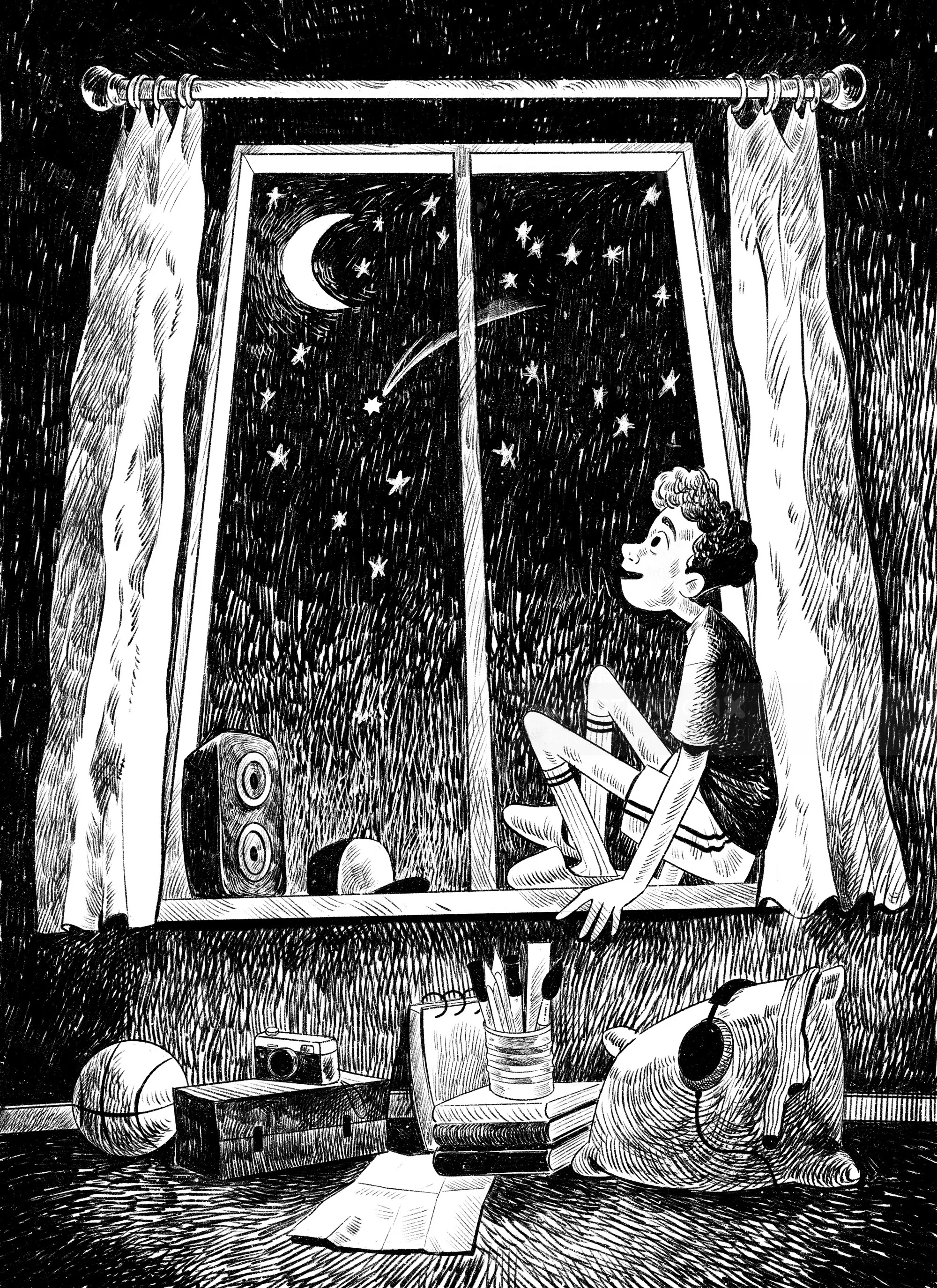Boy sitting on window sill looking at starry night sky and crescent moon