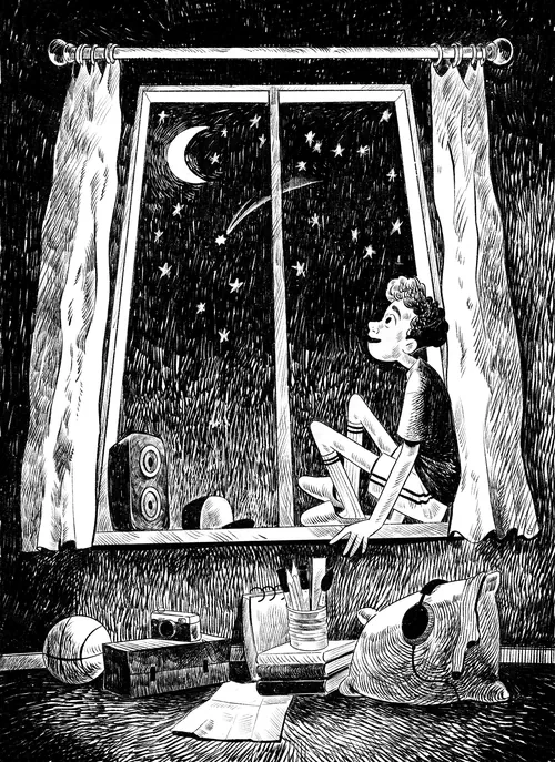Boy sitting on window sill looking at starry night sky and crescent moon