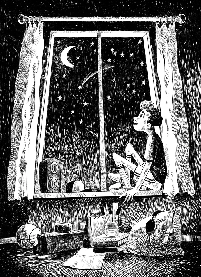 Boy sitting on window sill looking at starry night sky and crescent moon