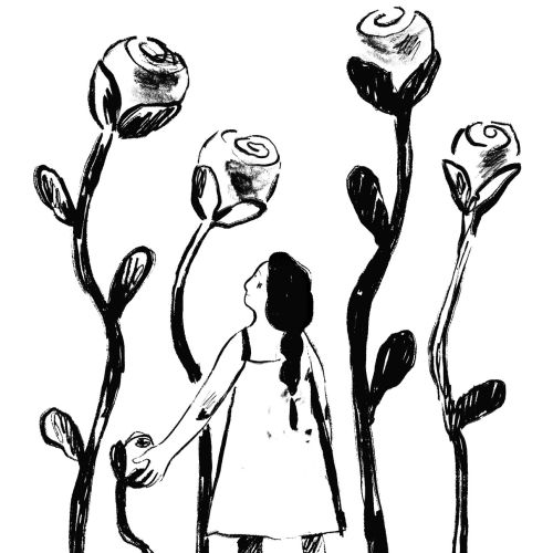 Girl standing among tall abstract flowers in black and white illustration.