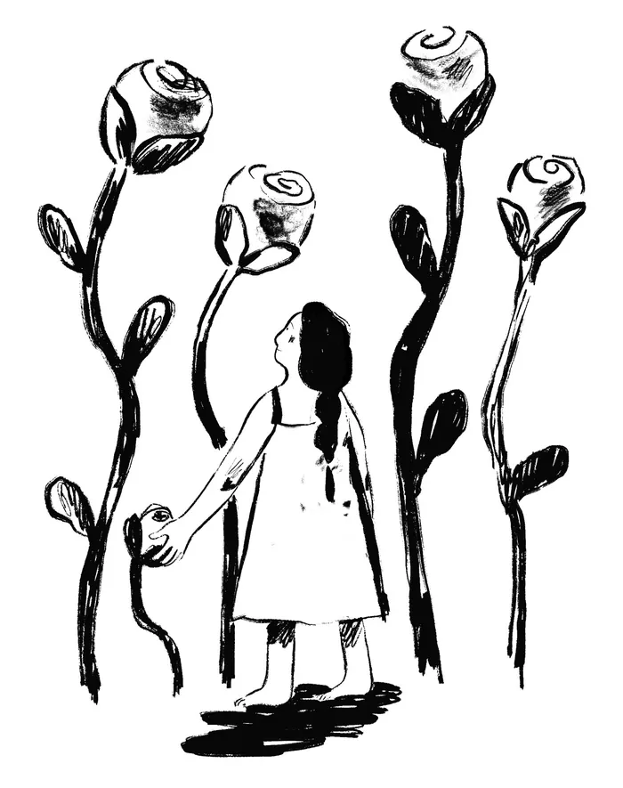 Girl standing among tall abstract flowers in black and white illustration.