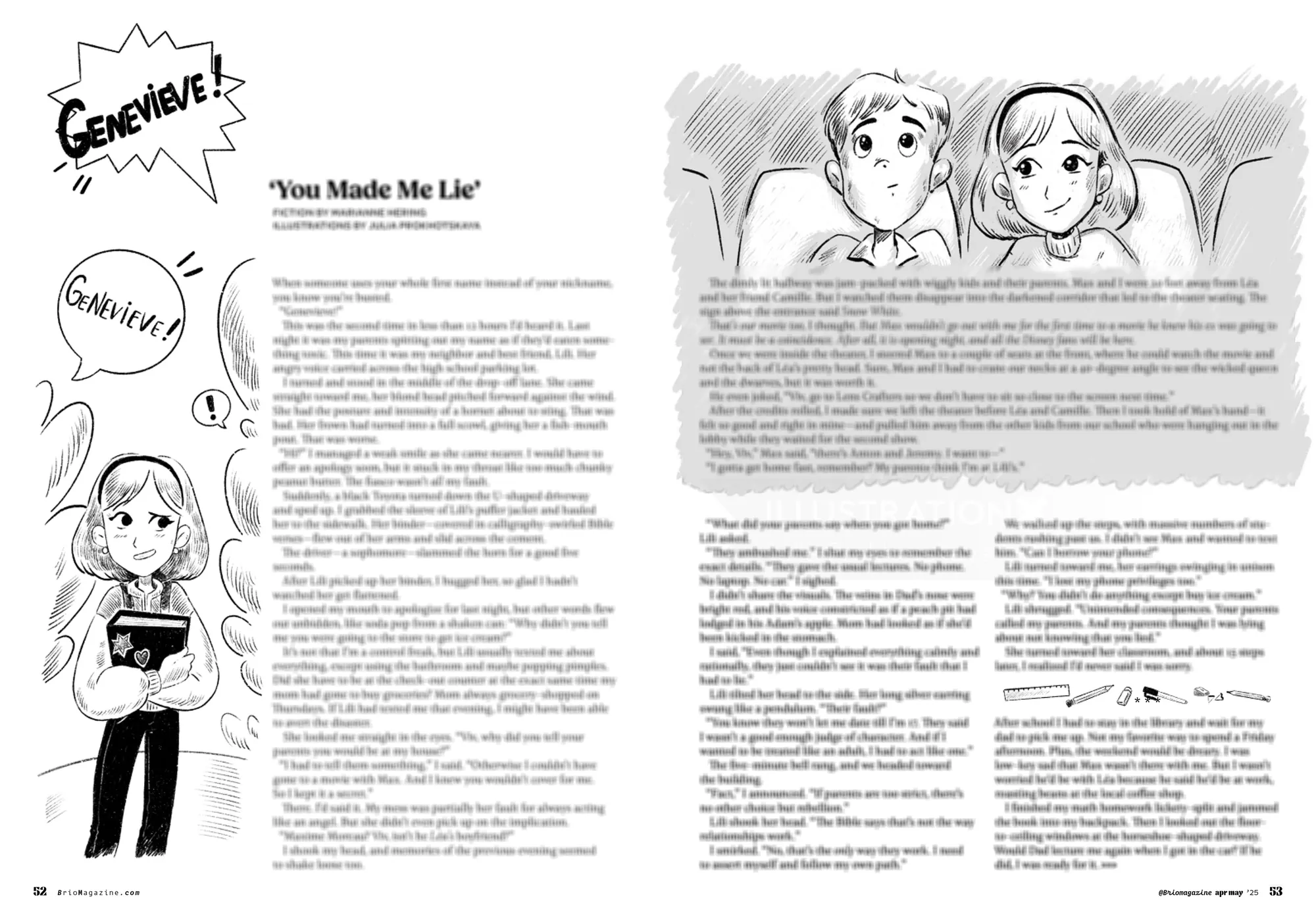 Black and white comic panels featuring a girl named Genevieve in conversation