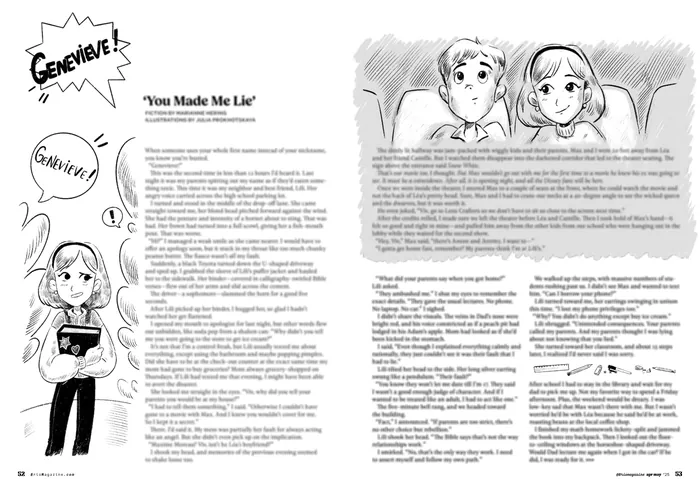 Black and white comic panels featuring a girl named Genevieve in conversation