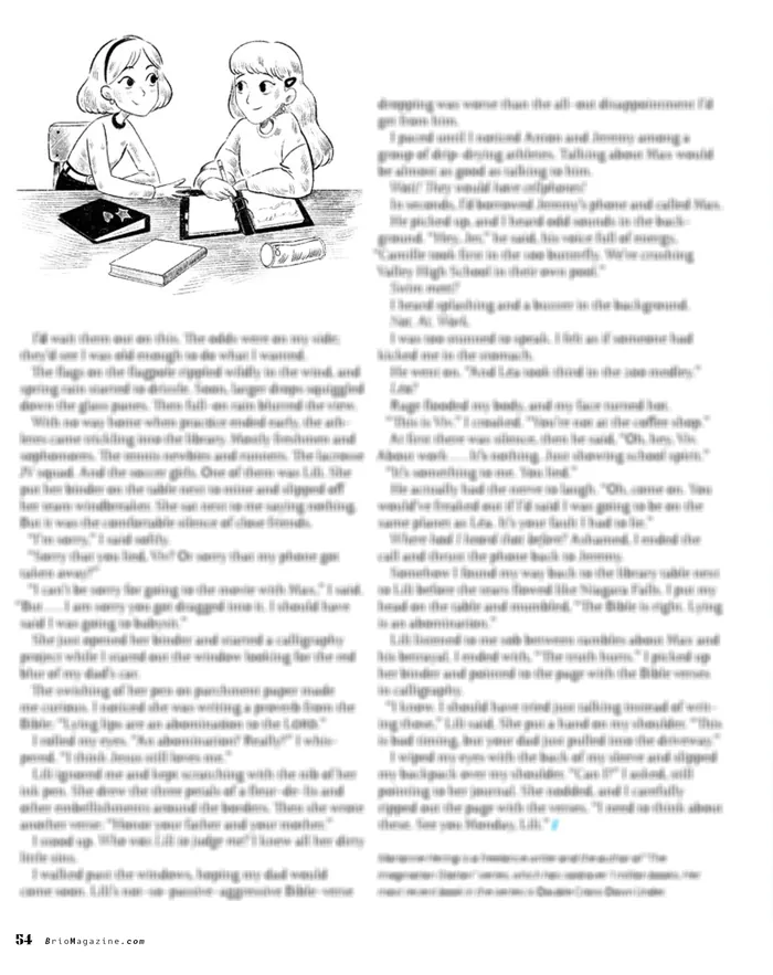 Black and white comic illustration of two girls signing papers