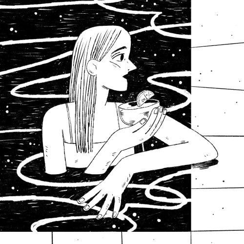 Illustration of a woman in a pool holding a cocktail