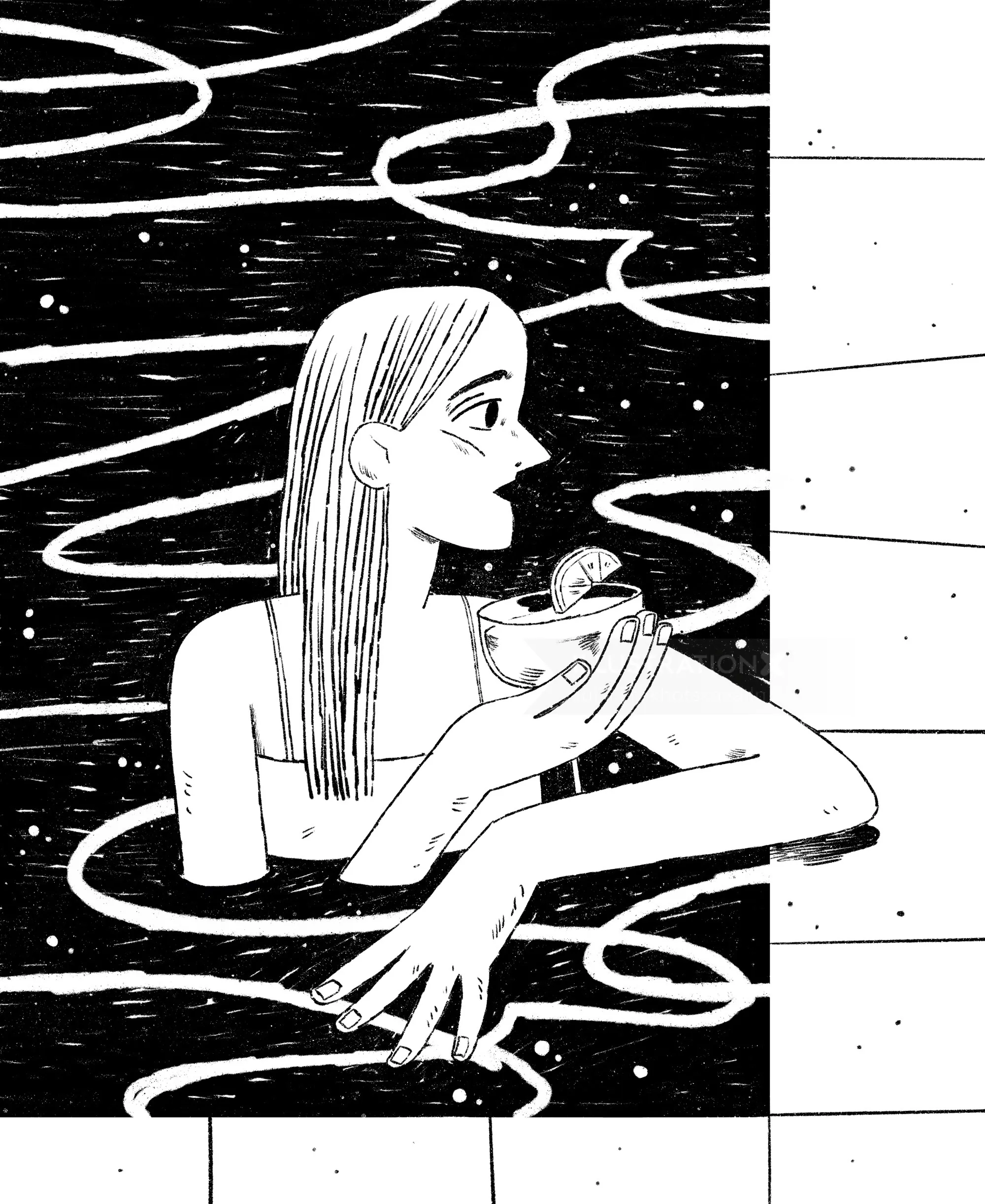 Illustration of a woman in a pool holding a cocktail
