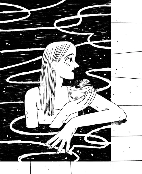 Illustration of a woman in a pool holding a cocktail
