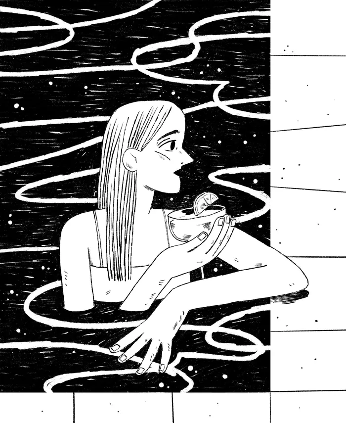 Illustration of a woman in a pool holding a cocktail