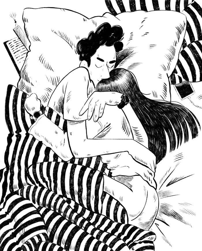 Couple embracing in bed with striped blankets, black and white drawing