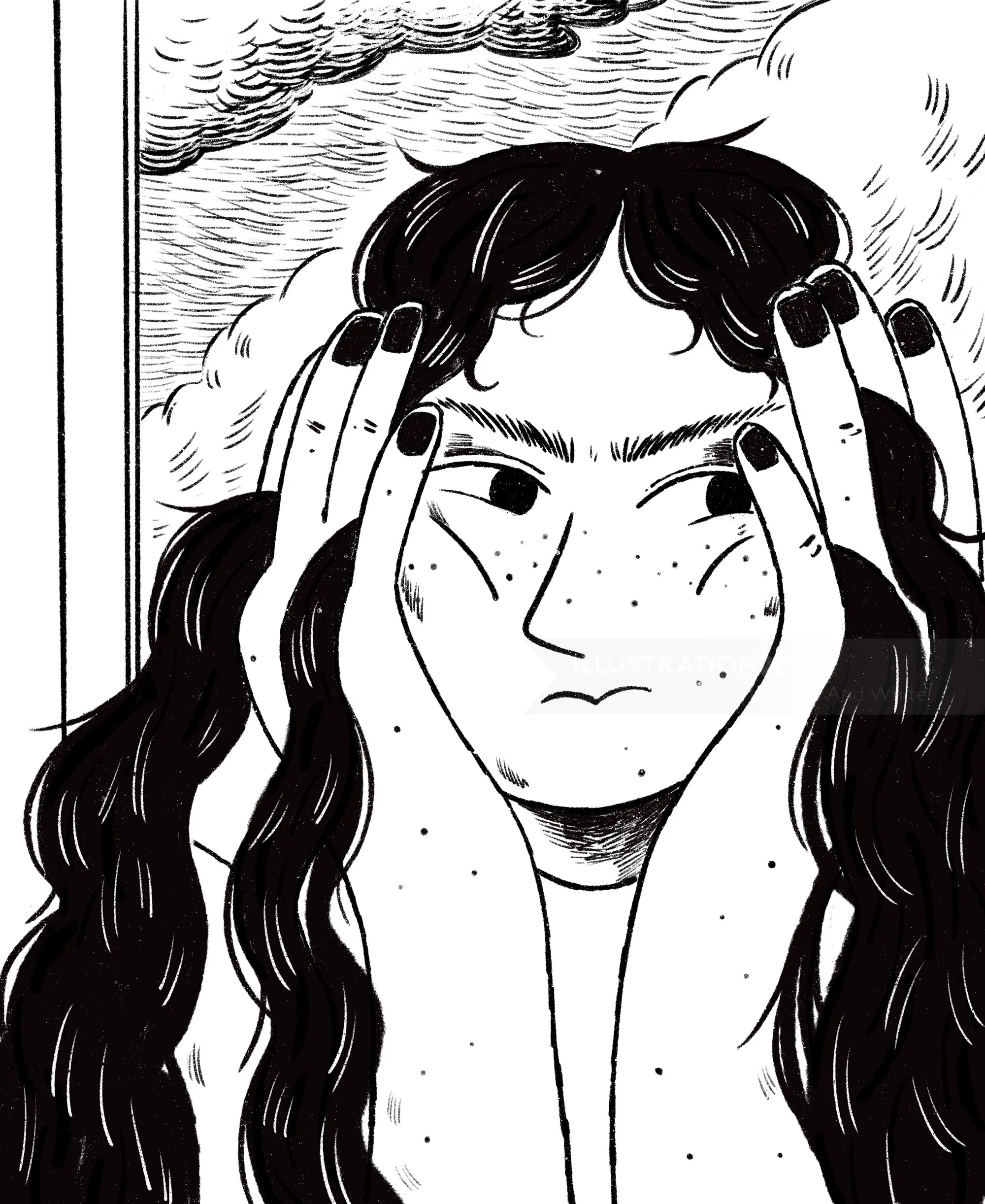 Person with long hair holding hands to face, looking thoughtful