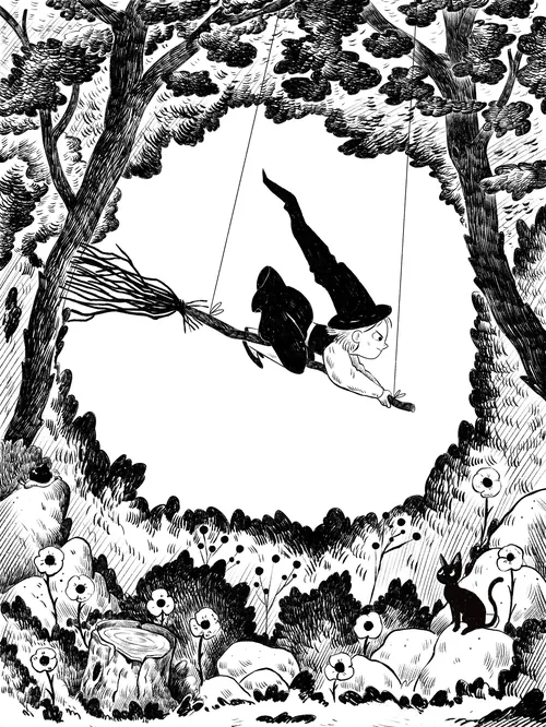 Witch wearing a pointed hat swinging on a broomstick among trees