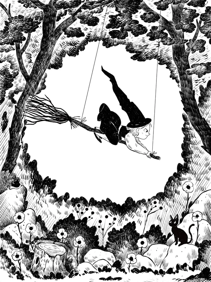 Witch wearing a pointed hat swinging on a broomstick among trees