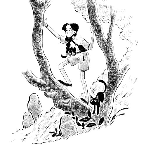 Girl climbing a tree with binoculars and a black cat nearby