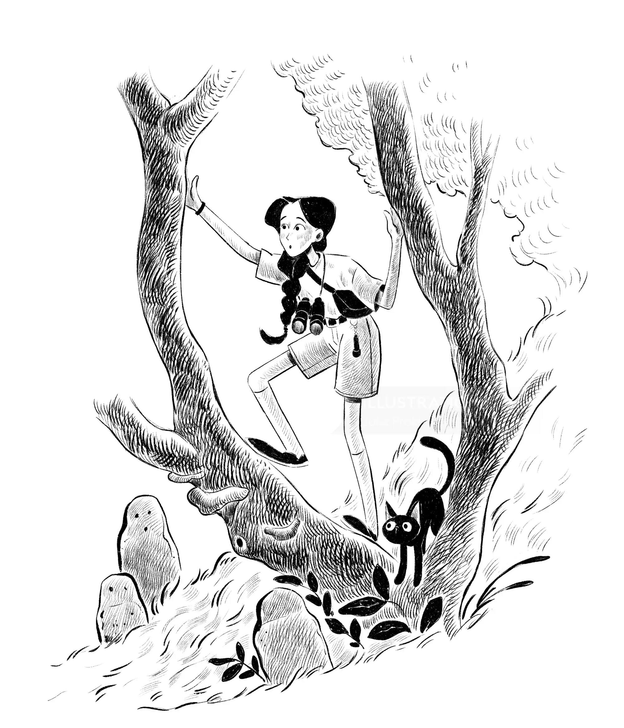 Girl climbing a tree with binoculars and a black cat nearby