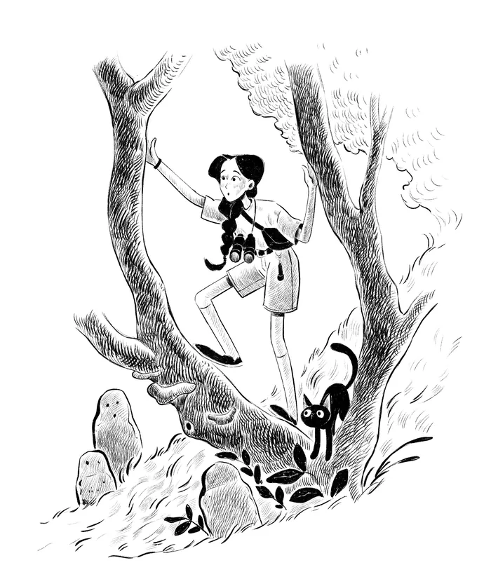 Girl climbing a tree with binoculars and a black cat nearby