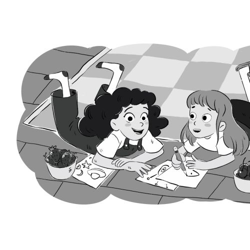 Two girls lying on the floor drawing with crayons and a black cat nearby