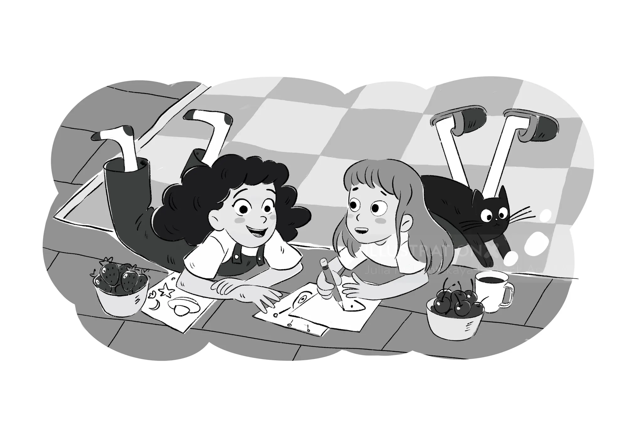 Two girls lying on the floor drawing with crayons and a black cat nearby