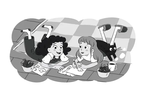 Two girls lying on the floor drawing with crayons and a black cat nearby