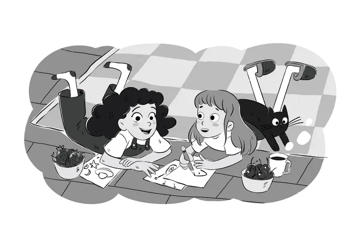 Two girls lying on the floor drawing with crayons and a black cat nearby