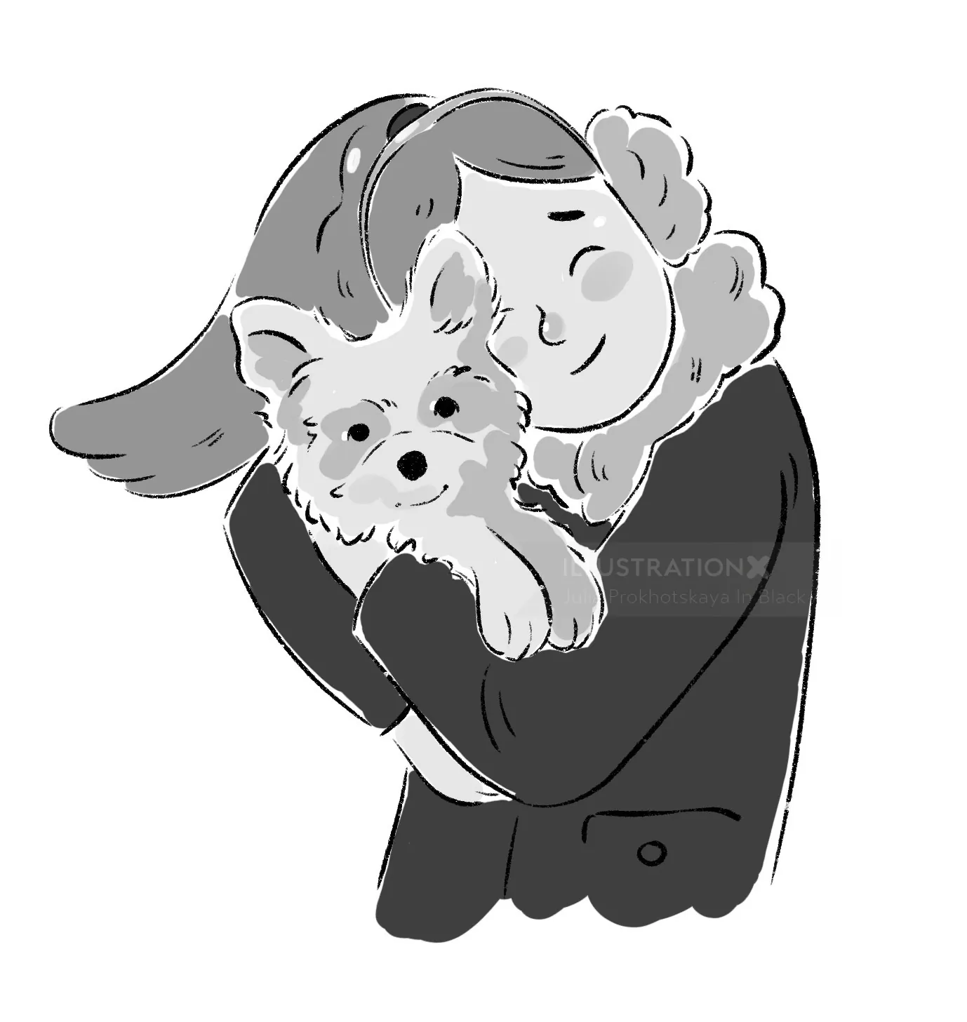 Person hugging a small dog in black and white illustration