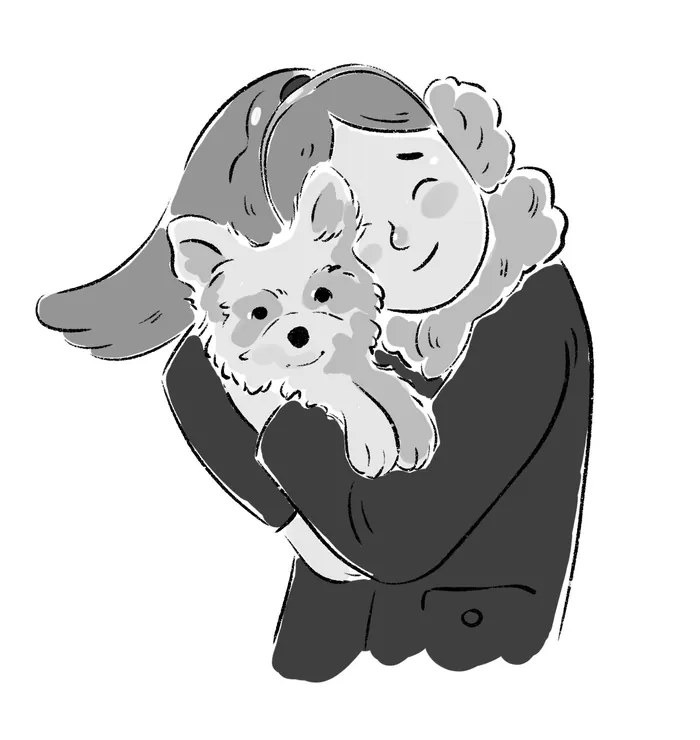 Person hugging a small dog in black and white illustration
